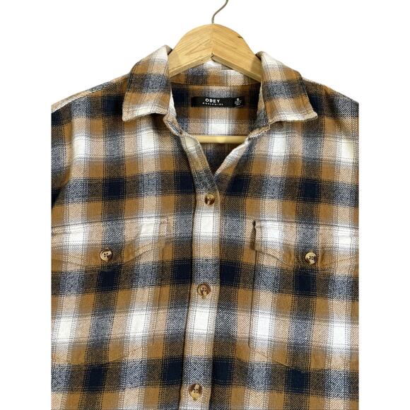 OBEY WORLDWIDE Flannel Shirt Women's Small Tan Blue Cropped Raw Hem Grunge Punk - Picture 2 of 12